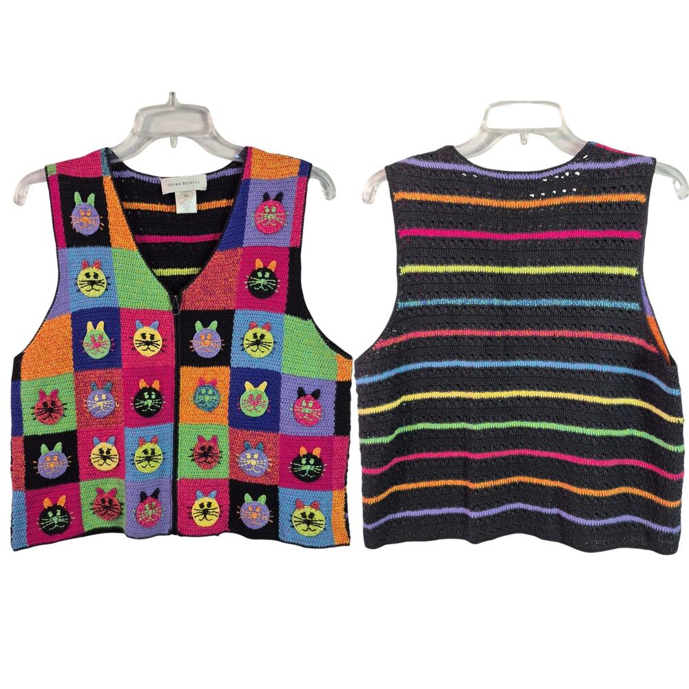 Susan Bristol Blue Red Green Crochet Cats Button Up Vintage Sweater Vest L P - Picture 1 of 4